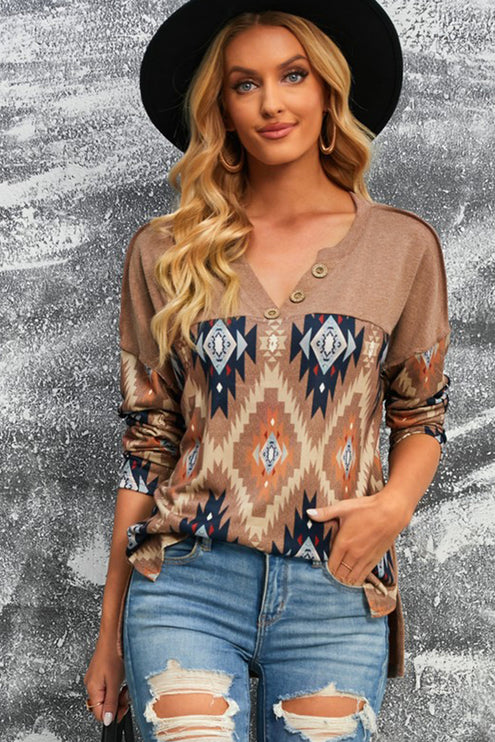 Brown Western Geo Print Buttoned V Neck Top