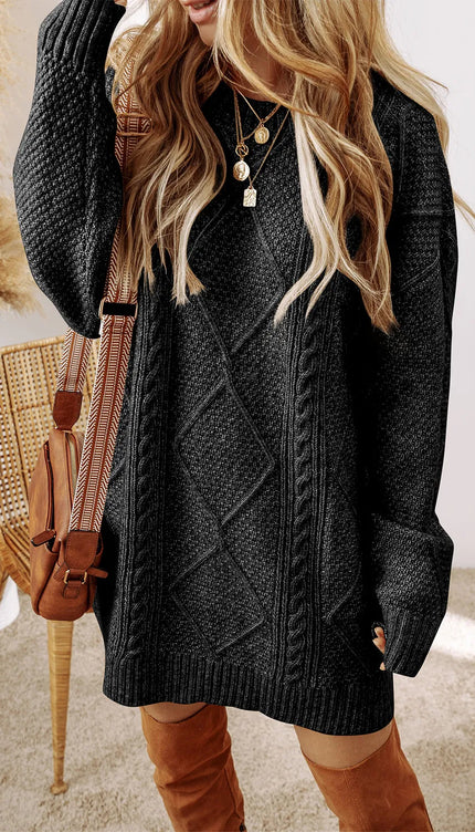 Cable-Knit Round Neck Sweater Dress