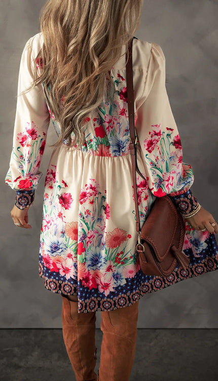 Flower Button Down Lantern Sleeve Dress