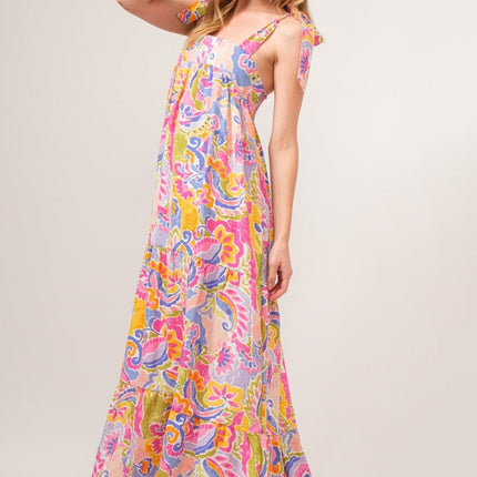 Boho Print Tie-Shoulder Tiered Maxi Dress | Modish