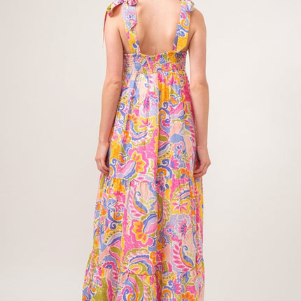 Boho Print Tie-Shoulder Tiered Maxi Dress | Modish