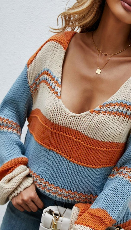 Angel Wings Color Block V-Neck Dropped Shoulder Sweater