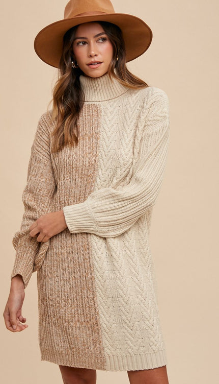 Annie Wear Color Block Turtleneck Sweater Dress - Taupe / S