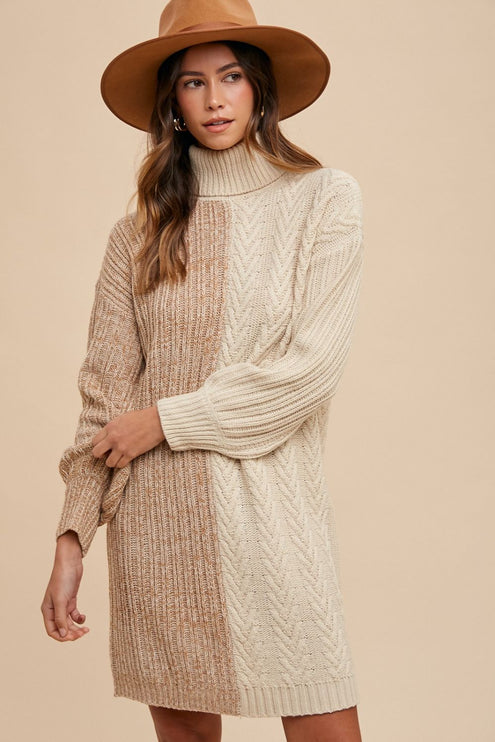 Annie Wear Color Block Turtleneck Sweater Dress - Taupe / S
