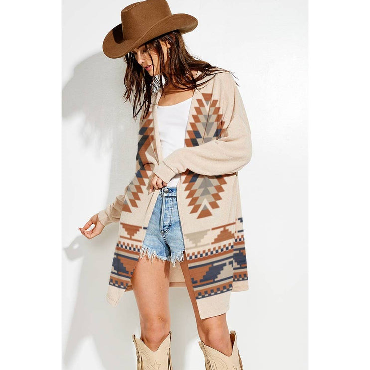 Aztec Print Loose Fit Long Sleeve Knit Cardigan - M / KHAKI
