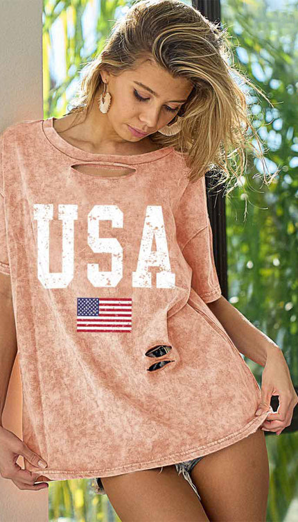 BiBi Washed American Flag Graphic Distressed T-Shirt