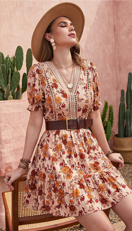 Modish Rustic Chic Floral V-Neck Ruffle Hem Dress