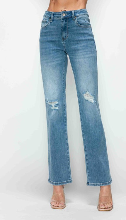 bytos Full Size Distressed High Rise Straight Jeans