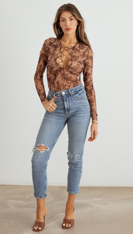 HERA COLLECTION Abstract Mesh Lace-Up Long Sleeve Bodysuit-Modish