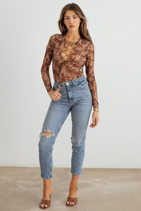 HERA COLLECTION Abstract Mesh Lace-Up Long Sleeve Bodysuit-Modish