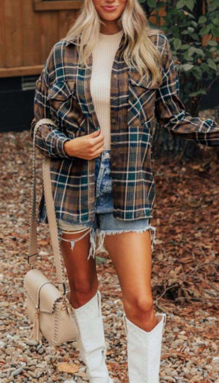 Plaid Collared Neck Button Up Jacket