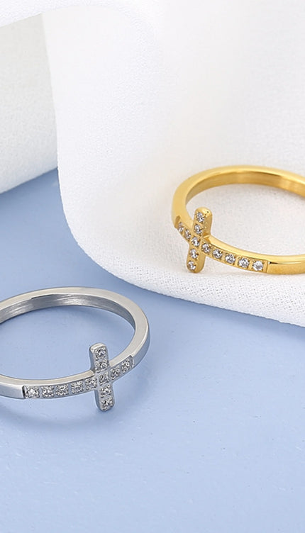 Inlaid Zircon Stainless Steel Cross Ring