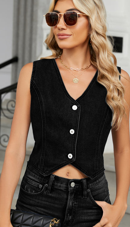 Modish V-Neck Button Down Denim Vest