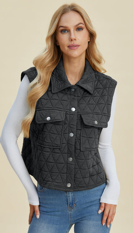 Double Take Full Size Pocketed Texture Snap Down Vest Coat