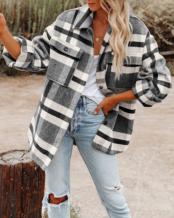 Women's Plaid Button Flannel Shirt Jacket