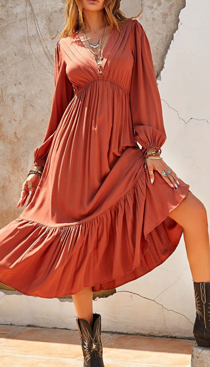 Ruched V-Neck Long Sleeve Midi Dress