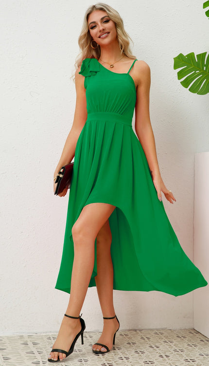 Bow Asymmetrical Neck Sleeveless Dress