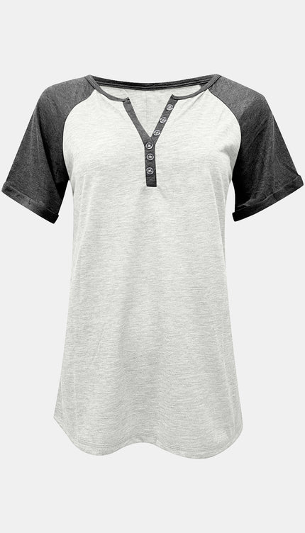 Modish Rustic Chic Contrast Notched Short Sleeve Shirt