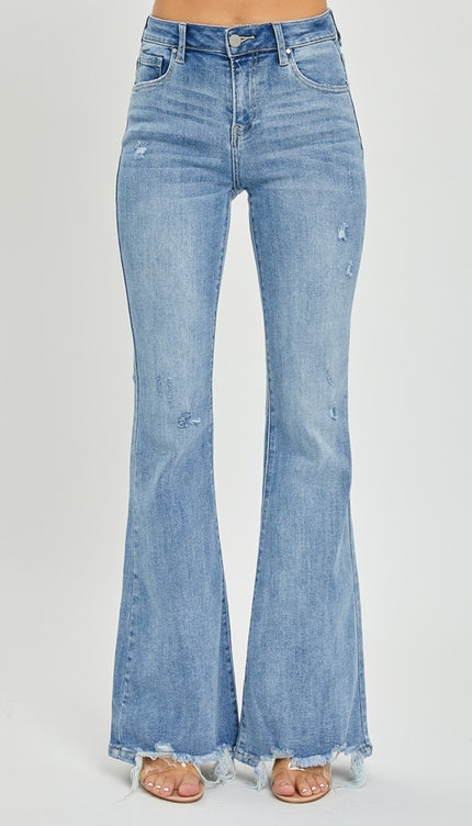 Risen Full Size High Rise Frayed Hem Flare Jeans