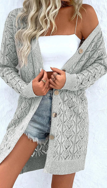 Modish Openwork Button Down Long Sleeve Cardigan