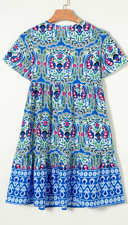 Modish Rustic Chic Print Tie Neck Short Sleeve Dress