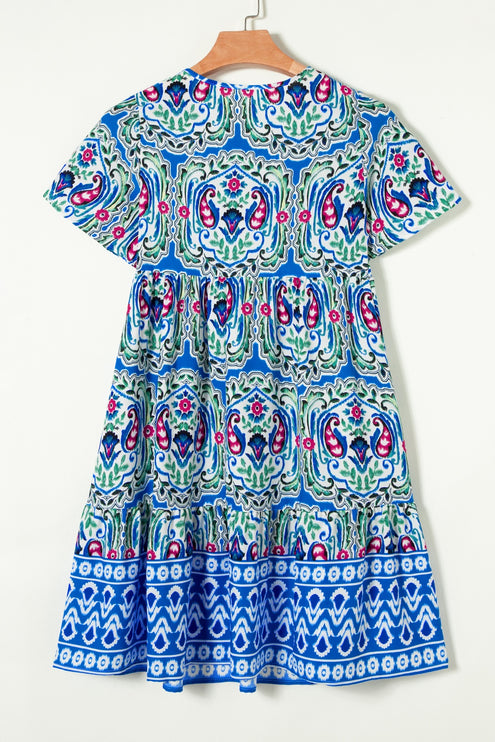 Modish Rustic Chic Print Tie Neck Short Sleeve Dress