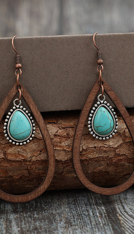 Wooden Turquoise Cutout Teardrop Earrings