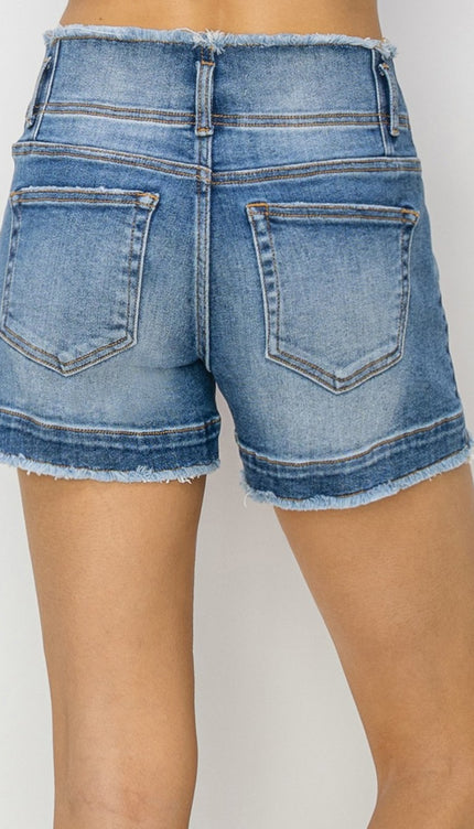 RISEN High Rise Seam Detailed Raw Edge Denim Shorts