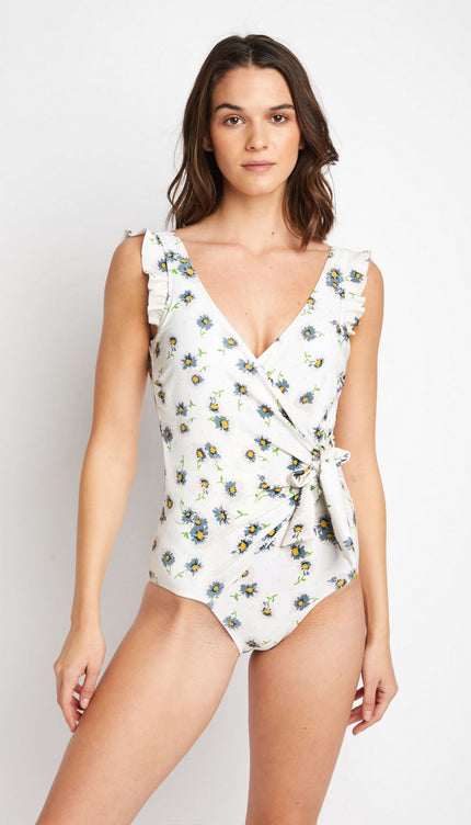 Marina West Swim Float On Ruffle Faux Wrap One-Piece in Daisy Cream-Modish