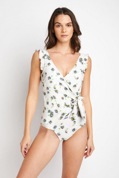 Marina West Swim Float On Ruffle Faux Wrap One-Piece in Daisy Cream-Modish