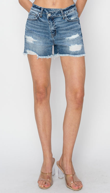 RISEN Stepped Waist Frayed Denim Shorts-Modish