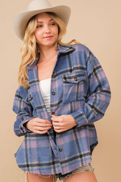 Blue B Exclusive Plaid Button Up Chest Jacket - NAVY BLUE / L