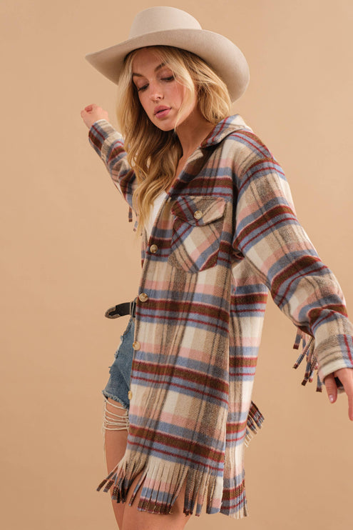 Blue B Yarn Dyed Plaid Chest Pocket Fringe Bottom Jacket - S / CRANBERRY