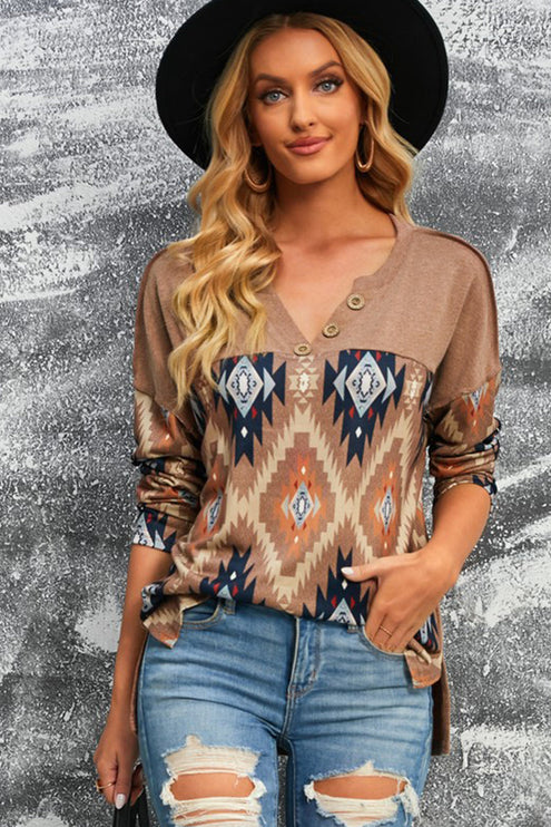 Brown Western Geo Print Buttoned V Neck Top - Modish
