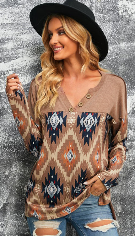 Brown Western Geo Print Buttoned V Neck Top - Taupe / S - Modish