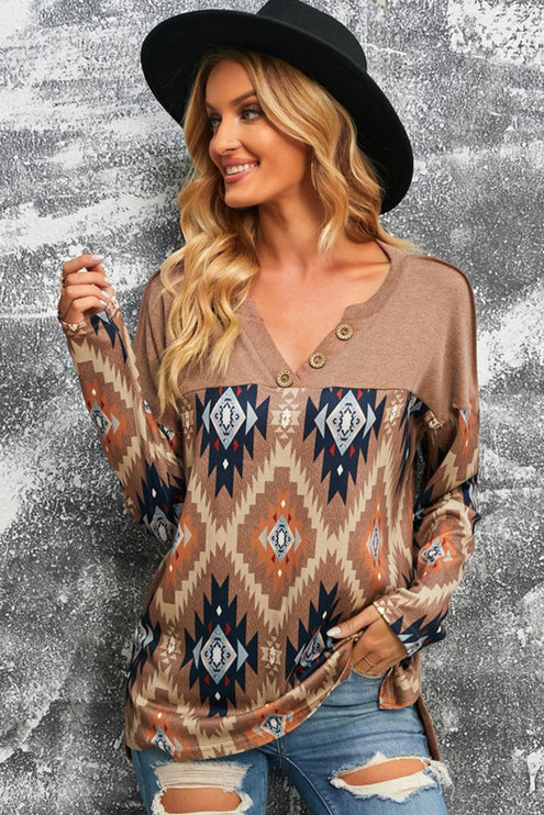 Brown Western Geo Print Buttoned V Neck Top - Taupe / S - Modish