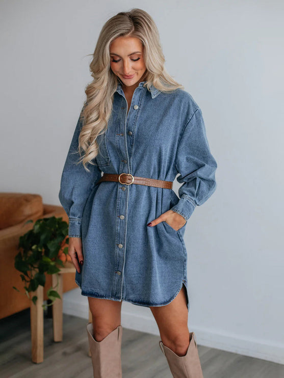 Button Up Collared Neck Long Sleeve Denim Dress - Medium / S