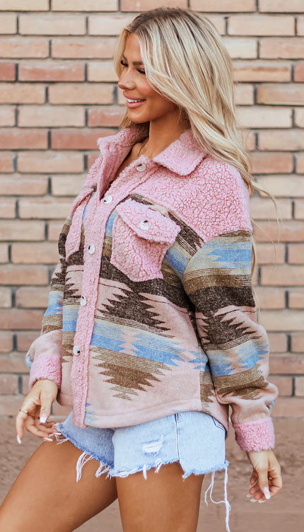 Button Up Western Aztec Sherpa Jacket