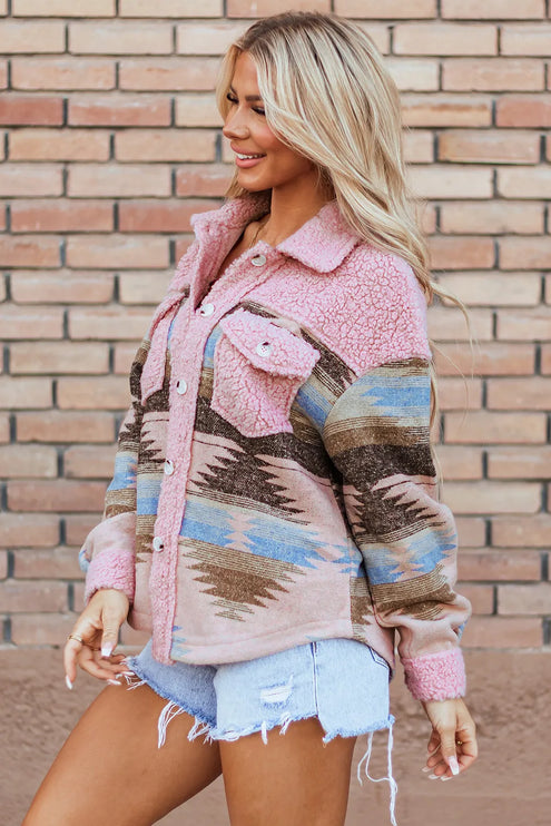 Button Up Western Aztec Sherpa Jacket