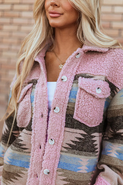 Button Up Western Aztec Sherpa Jacket