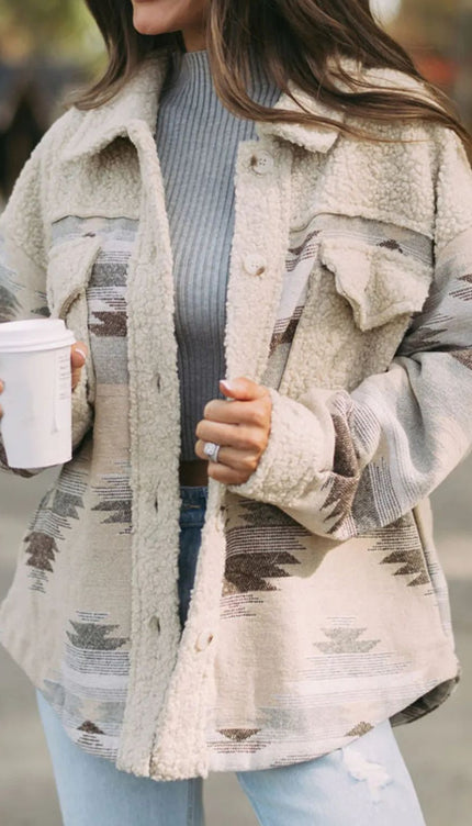 Button Up Western Aztec Sherpa Jacket - Beige / S