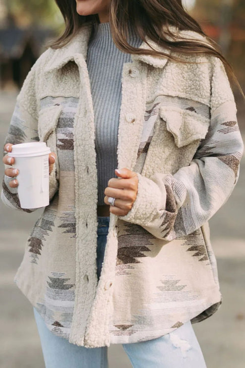 Button Up Western Aztec Sherpa Jacket - Beige / S