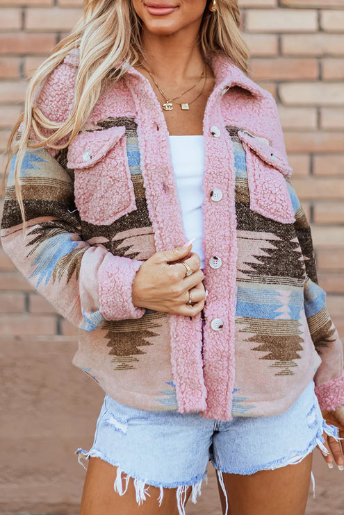 Button Up Western Aztec Sherpa Jacket - Dusty Pink / S