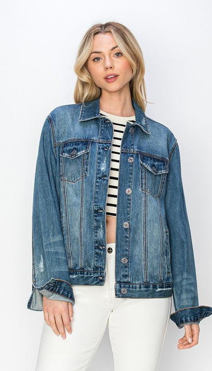 RISEN Full Size Distressed Button Up Jacket