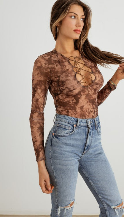 HERA COLLECTION Abstract Mesh Lace-Up Long Sleeve Bodysuit-Modish