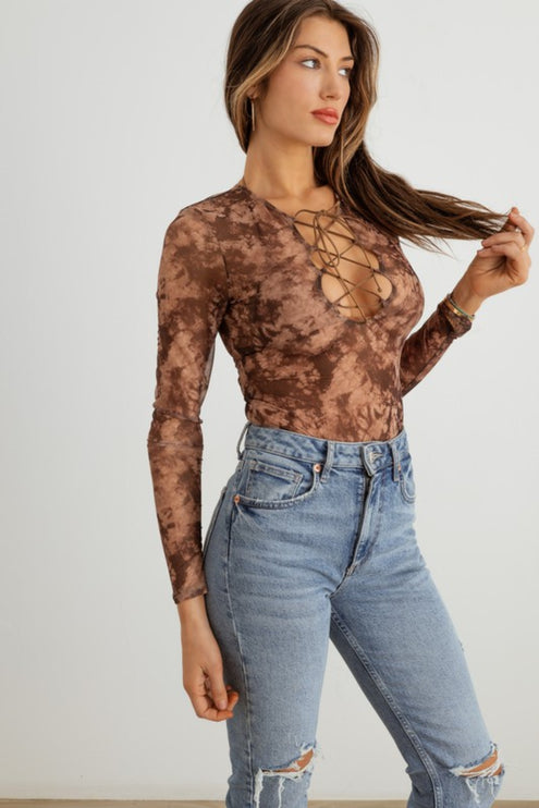 HERA COLLECTION Abstract Mesh Lace-Up Long Sleeve Bodysuit-Modish