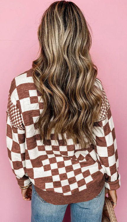 Checkered Print Drop Shoulder Round Neck Sweater