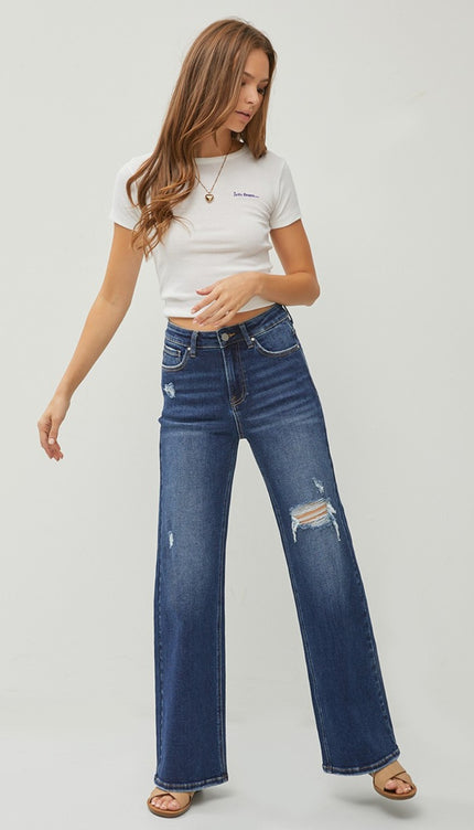 RISEN Full Size High Rise Distressed Wide Leg Jeans