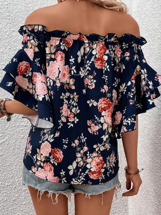 Modish Print Off-Shoulder Flounce Sleeve Blouse