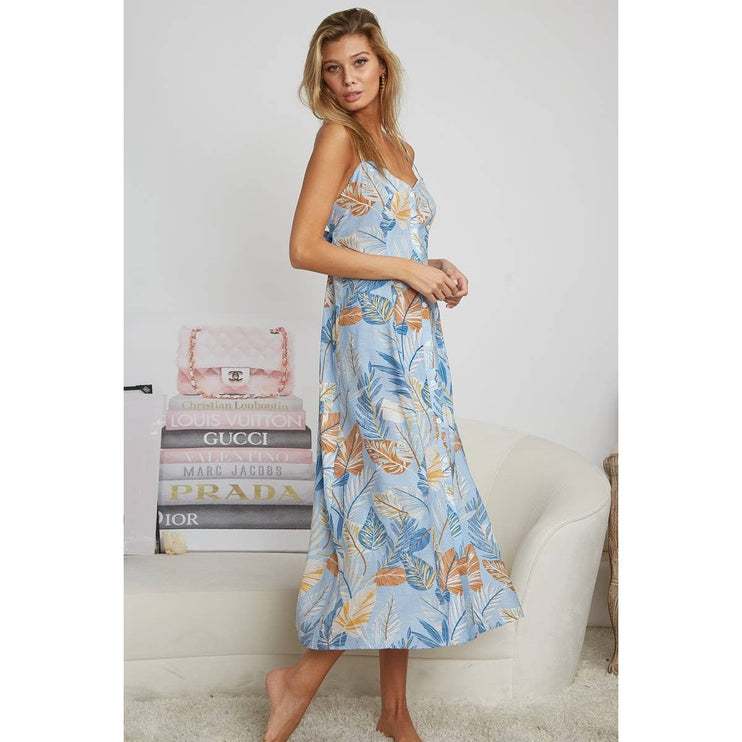 OPEN BACK WITH TIE TROPICAL PRINT DRESS